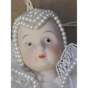 Victorian Porcelain Angel Vintage Ornament White Beaded Point, Lace and Feathers